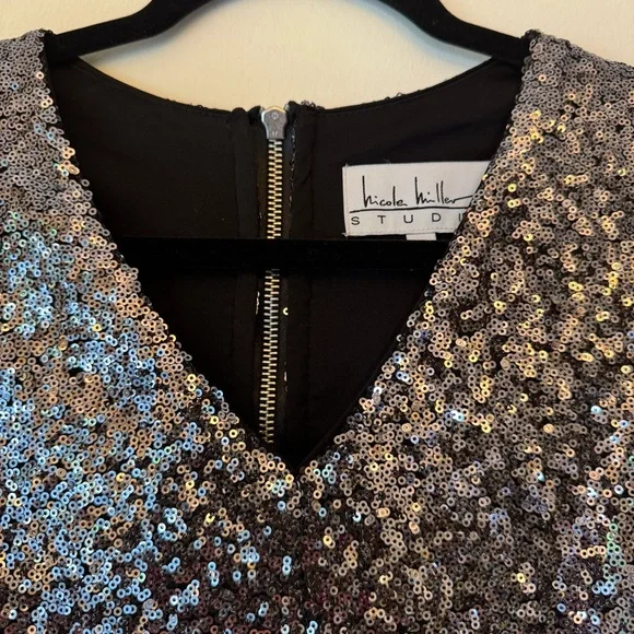 Nicole Miller Elegant Silver Black Sequin Dress Evening Occasion Date 0012 - Picture 5 of 15